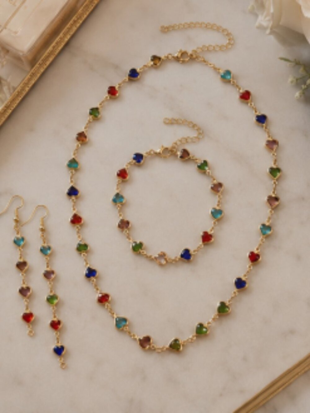 Rainbow Heart Gold Tone Jewelry Set | Necklace Bracelet Long Heart Drop Earrings